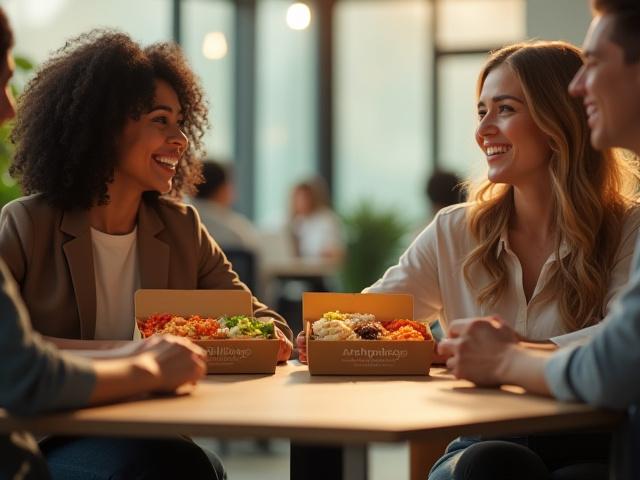 Team enjoying gourmet individually packaged lunch boxes in a modern, bright office break room.