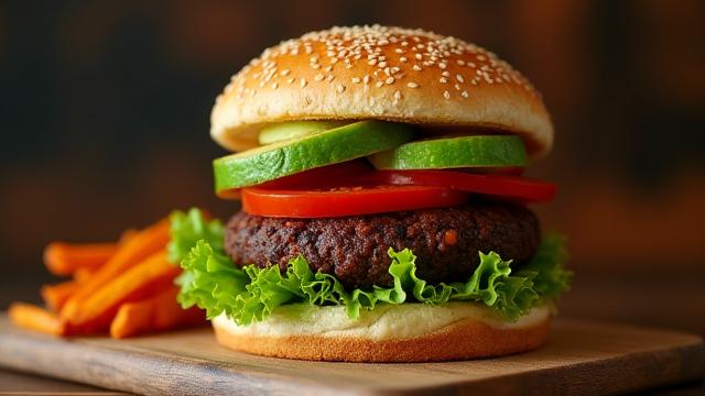 Black Bean Burger with avocado and fries