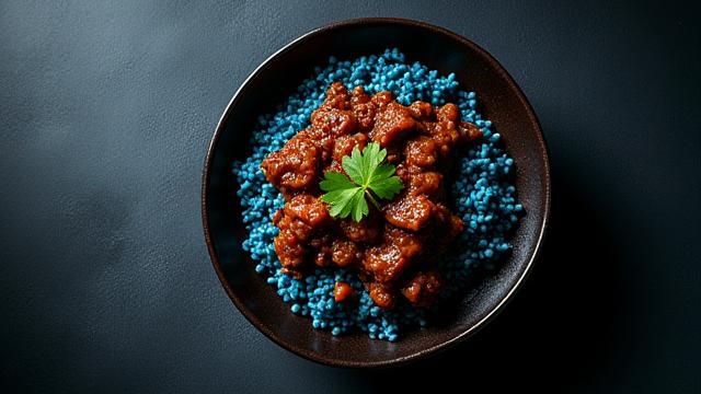 Beef Rendang with blue pea rice