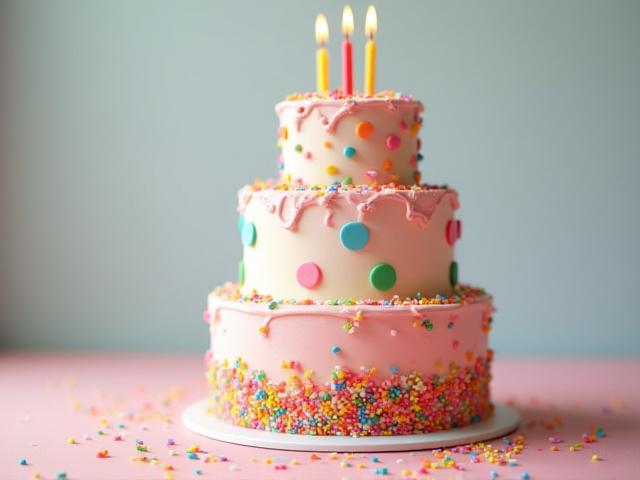 Vibrant, whimsical three-tiered birthday cake with colorful sprinkles and playful fondant decorations