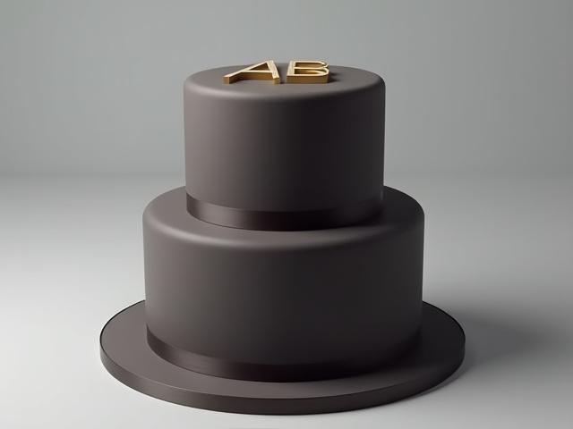Sleek, minimalist two-tier corporate event cake featuring a subtle brand logo and a smooth, dark chocolate finish