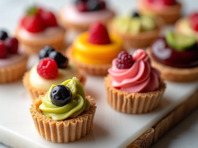 Assortment of mini artisan desserts and pastries beautifully arranged on a rustic wooden board