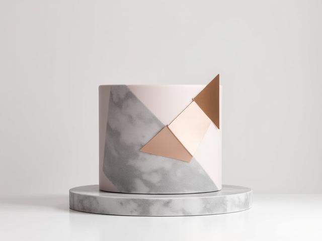 Modern geometric cake with sharp angles, marbled fondant, and metallic gold accents, creating a contemporary art piece
