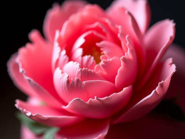 A highly detailed sculptural cake shaped like a blooming peony, showcasing intricate sugar work and vibrant pink hues