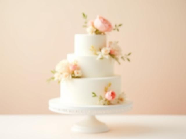Three-tier white wedding cake adorned with fresh pastel roses and delicate gold accents