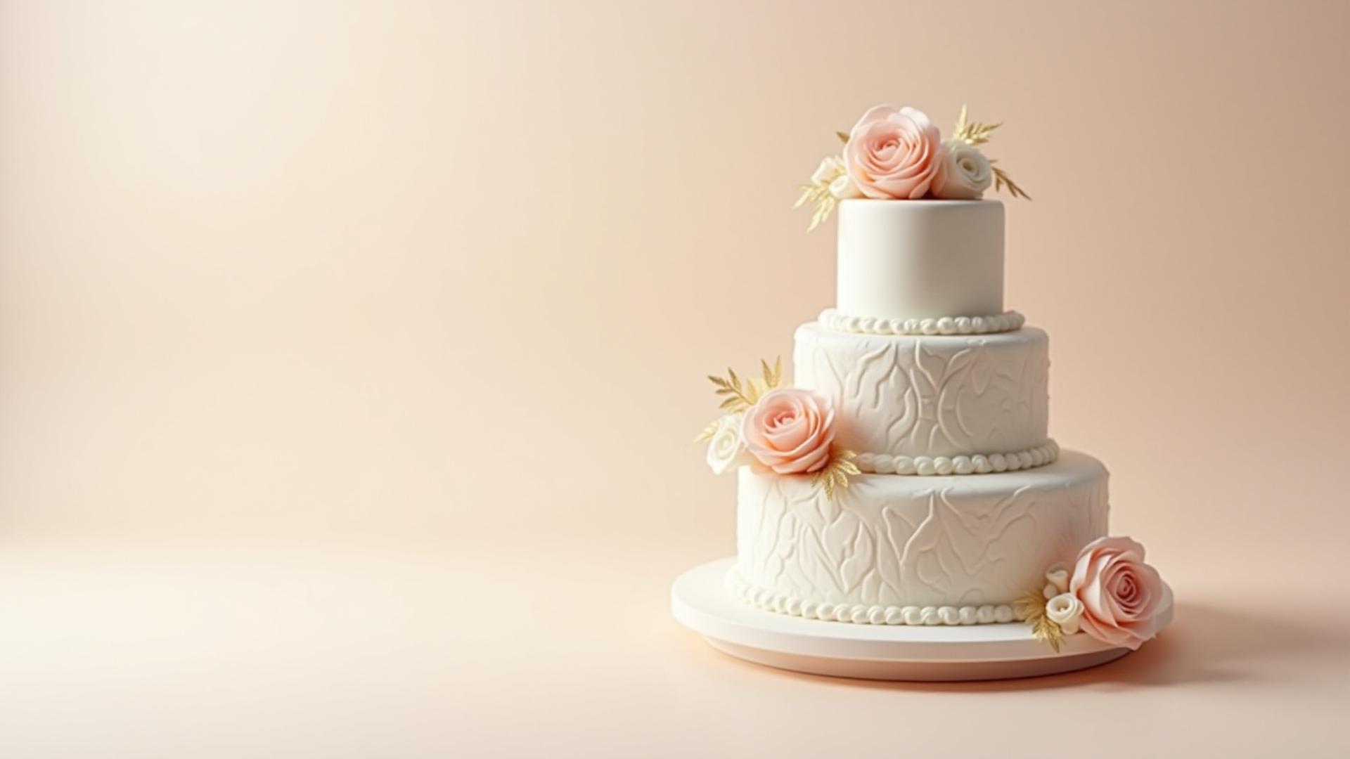 An exquisitely designed custom cake with delicate floral arrangements and elegant gold leaf details, perfectly centered for a grand celebration