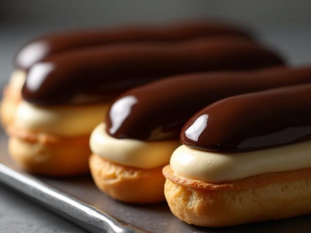 Classic chocolate eclairs with glossy chocolate ganache topping