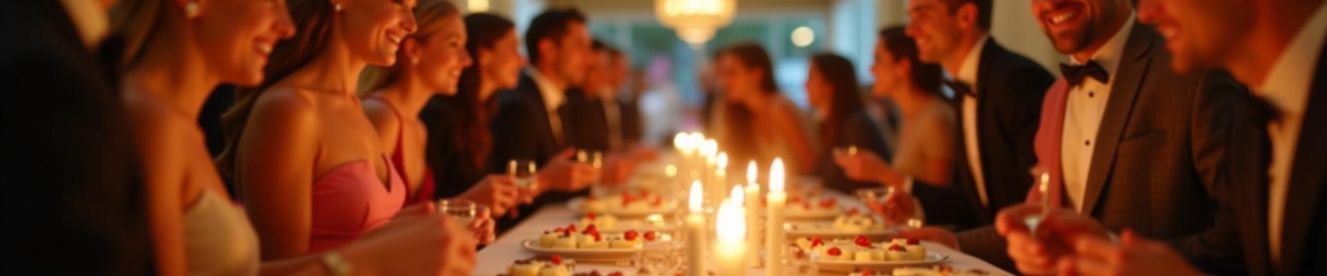 Guests happily engaging with a beautifully laid out dessert buffet, reaching for treats.