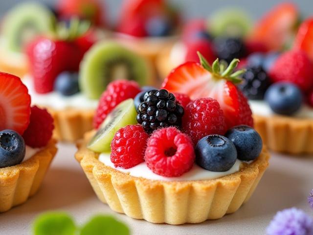 Small, vibrant fruit tarts with fresh seasonal berries and glaze