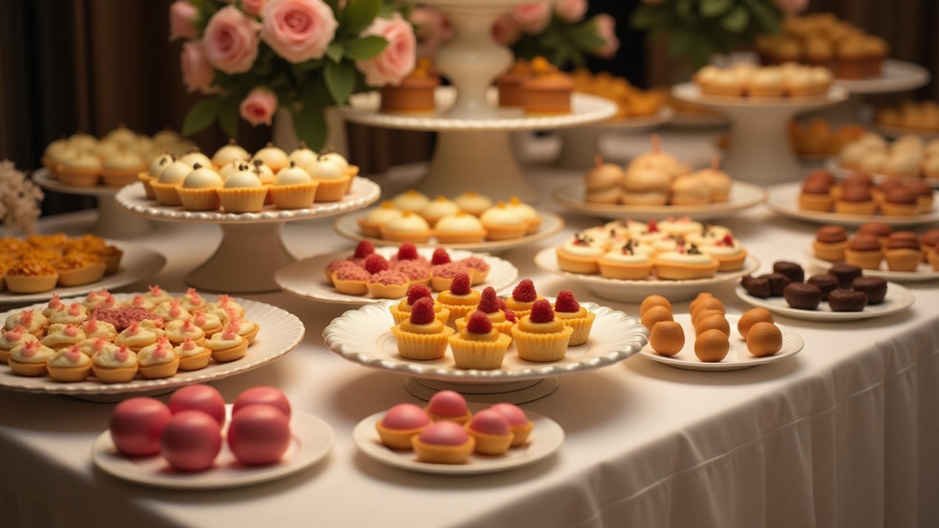 A lavish dessert buffet spread with various pastries and elegant decor