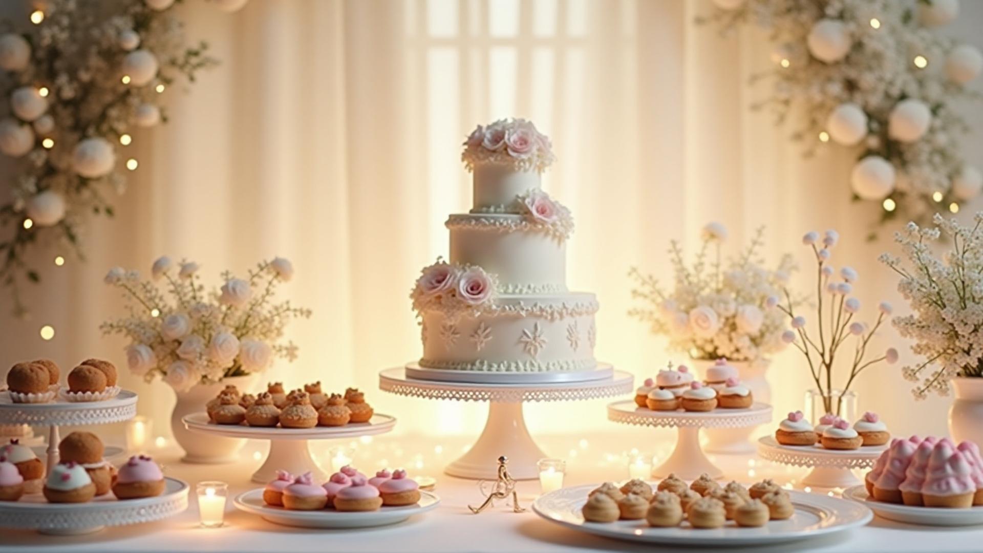An elegantly styled dessert table for a wedding, featuring a multi-tiered cake and delicate pastries
