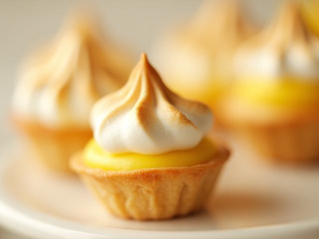 Close-up of mini lemon meringue tarts with perfectly toasted peaks
