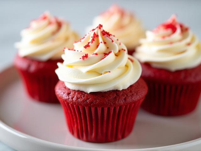 Perfectly frosted red velvet cupcakes with cream cheese swirl
