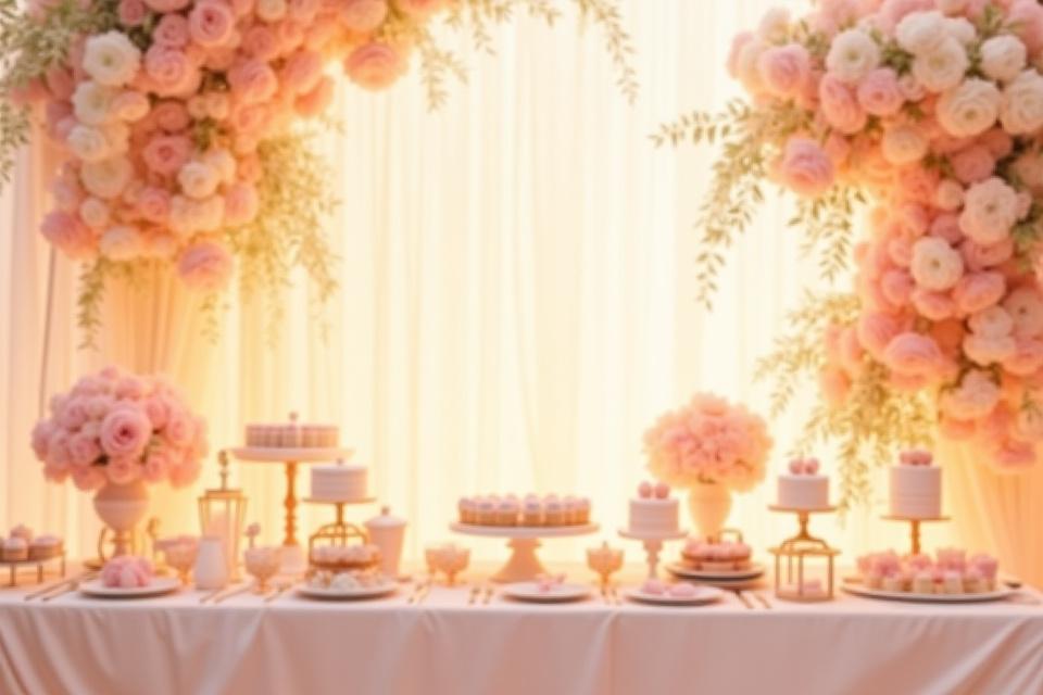 Lush and romantic dessert table with abundant floral arrangements, soft lighting, and gold accents.