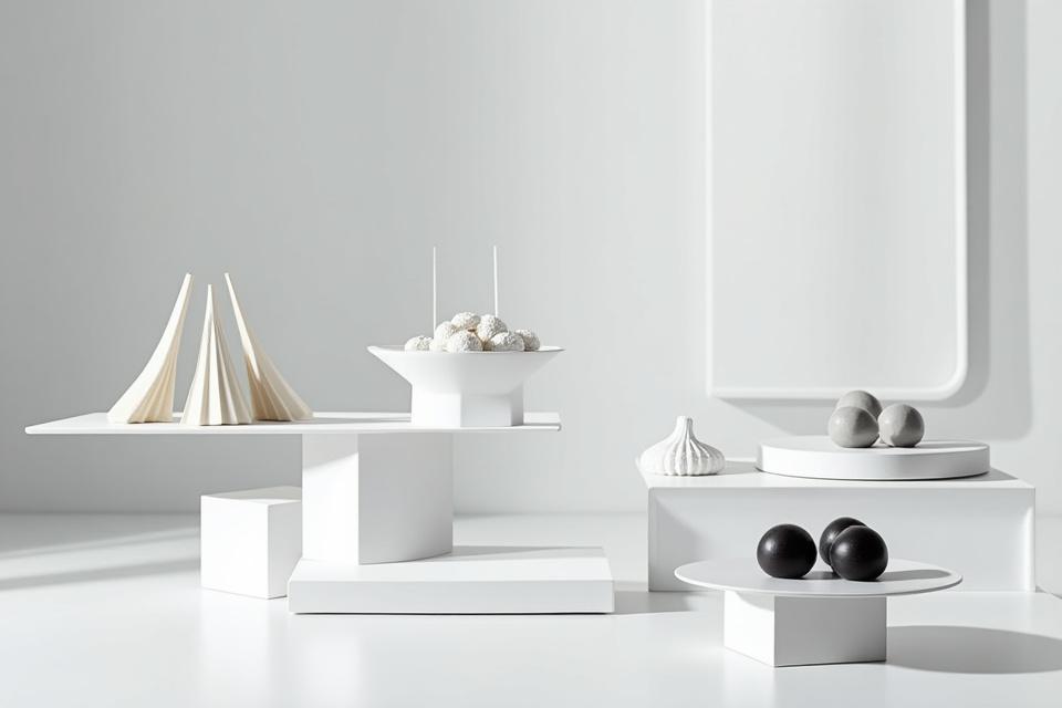 Modern minimalist dessert table with clean lines, white geometric props, and monochrome desserts.