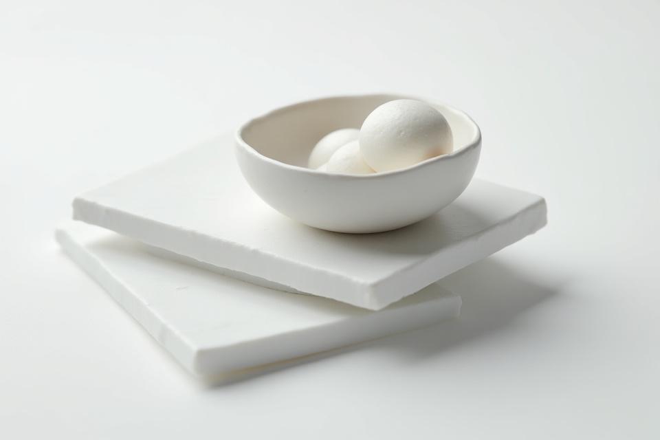 Sleek, minimalist dessert arrangement with architectural presentation and neutral color palette.