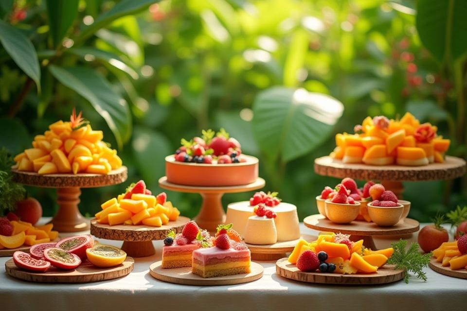 Tropical and vibrant dessert table with lush foliage, bright colored fruits, natural wood elements, and exotic desserts.