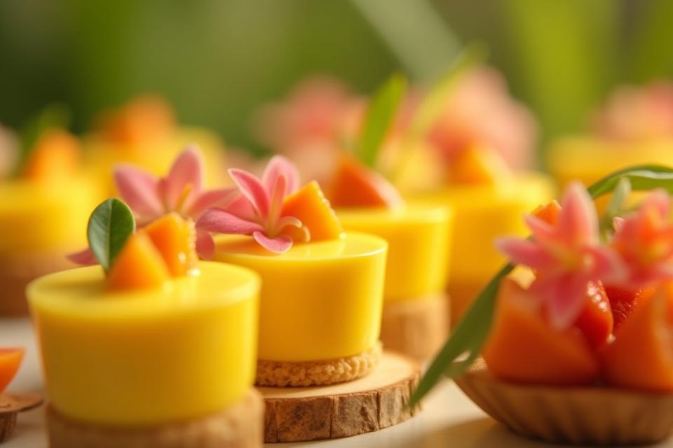 Close-up of tropical dessert details, featuring vibrant flowers, palm leaves, and colorful pastries.