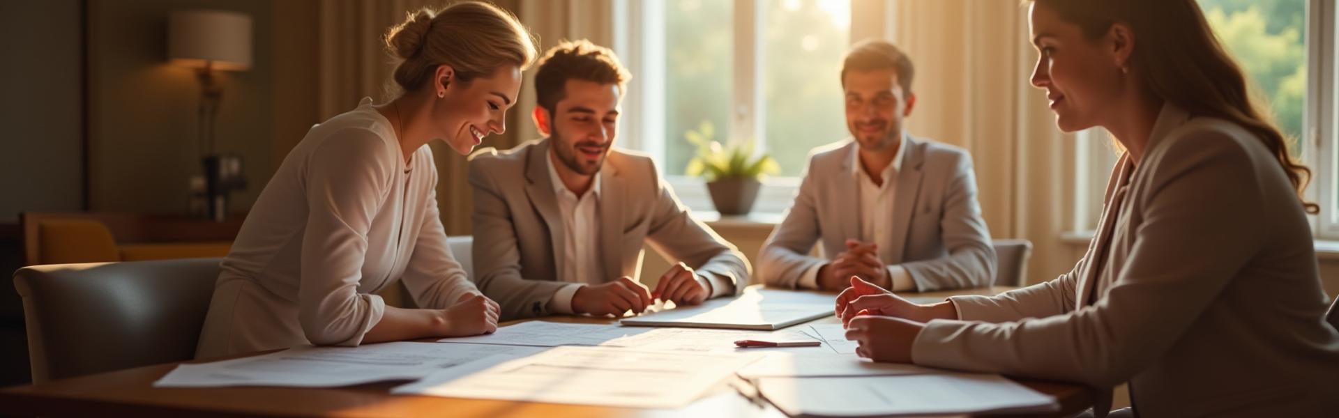 Event planner consulting with a couple, reviewing menu options in an elegant setting