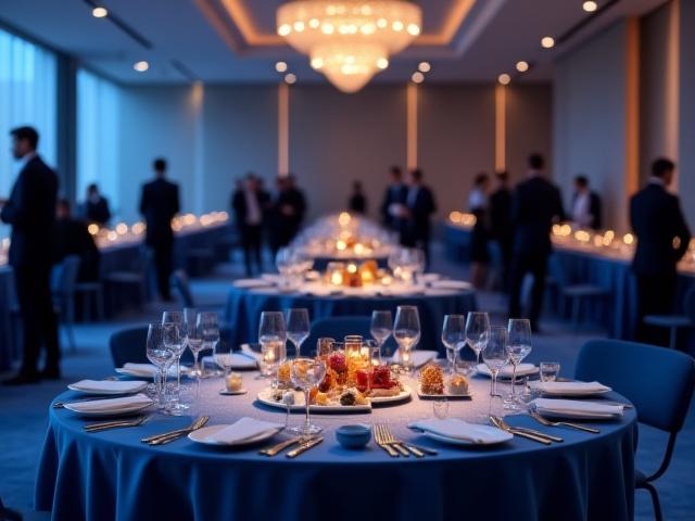 Sophisticated corporate gala with attendees networking, elegant lighting, and branded elements