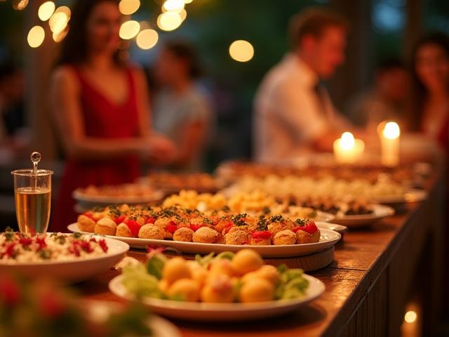 Vibrant private birthday party with gourmet food display and cheerful guests