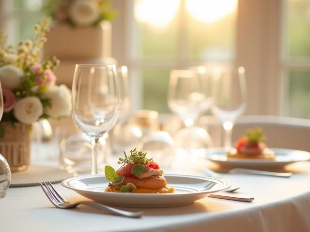 Elegant wedding reception with floral arrangements and beautifully set tables