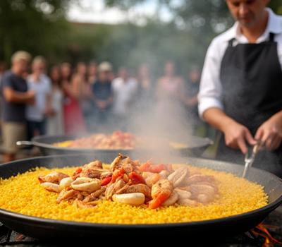 Live Paella Cooking Station at an Outdoor Event