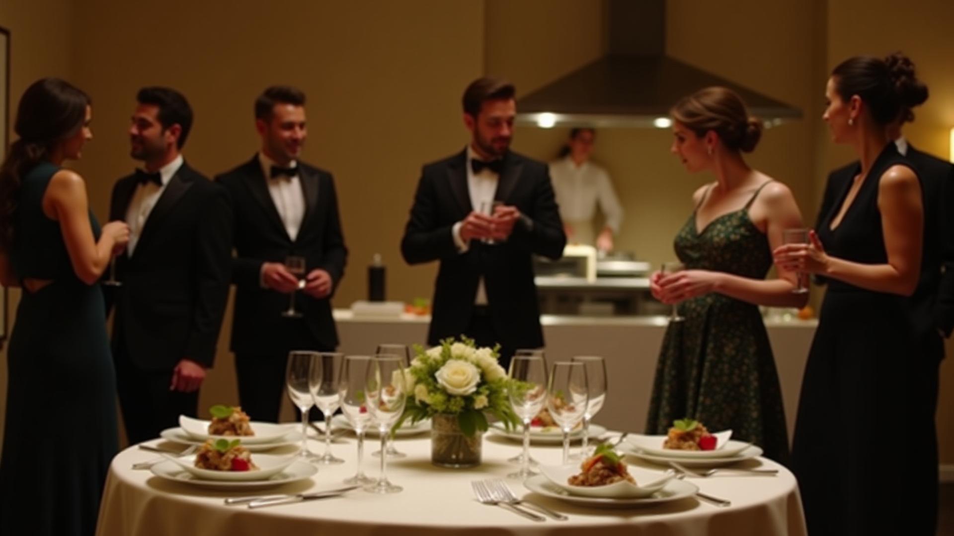 Elegant catered event with guests mingling, chef at a live station, and beautifully set tables