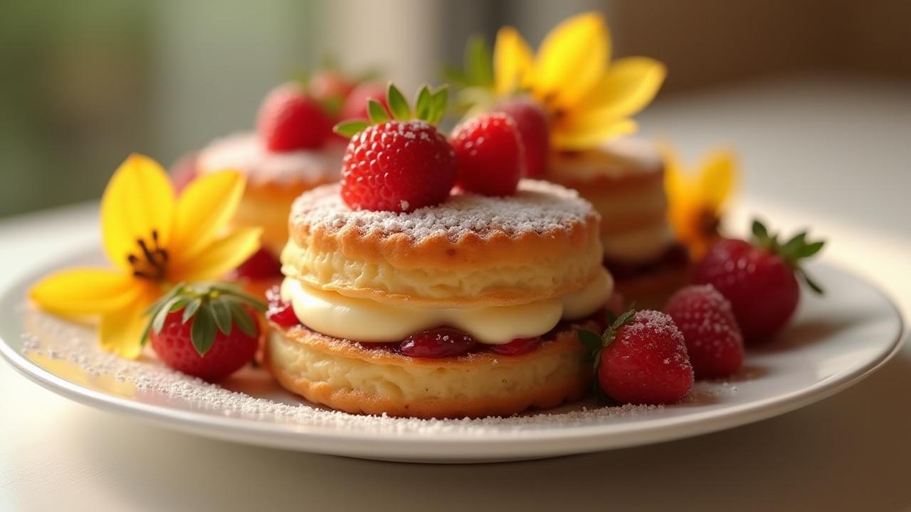 A perfectly styled, vibrant plate of gourmet pastries and fruits, artfully arranged to showcase every detail.