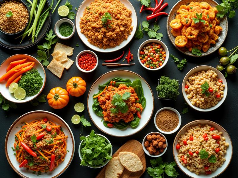 A vibrant food spread for a magazine feature on Modern Asian Cuisine.