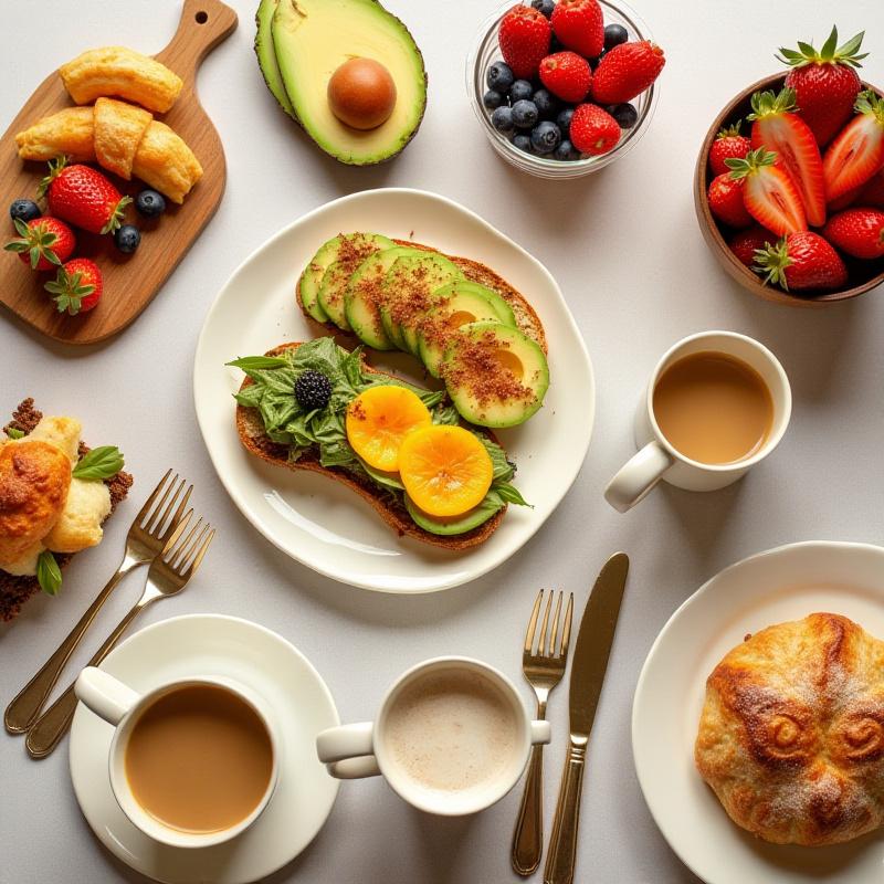 Overhead shot of a brunch spread for a café's new menu photography.