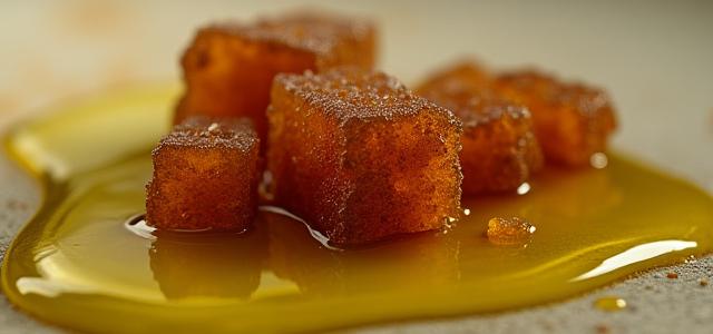 Macro shot of Gula Melaka sugar crystals next to a drizzle of golden olive oil