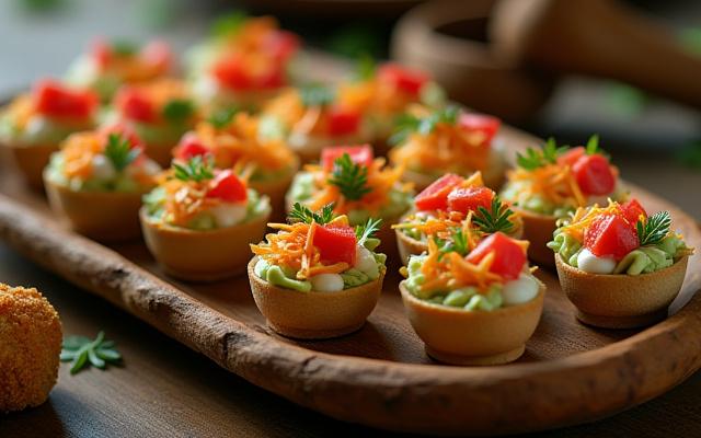 Assortment of vibrant Peranakan tapas, including Kueh Pie Tee, on a rustic wooden platter