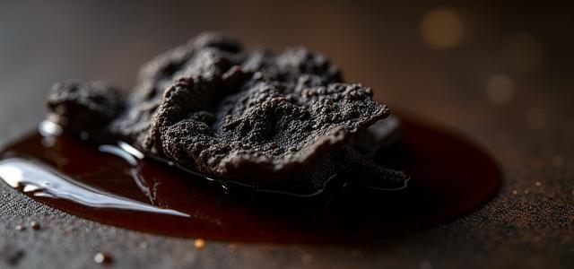 Close-up of black truffle shavings atop a dish with dark fermented soy sauce