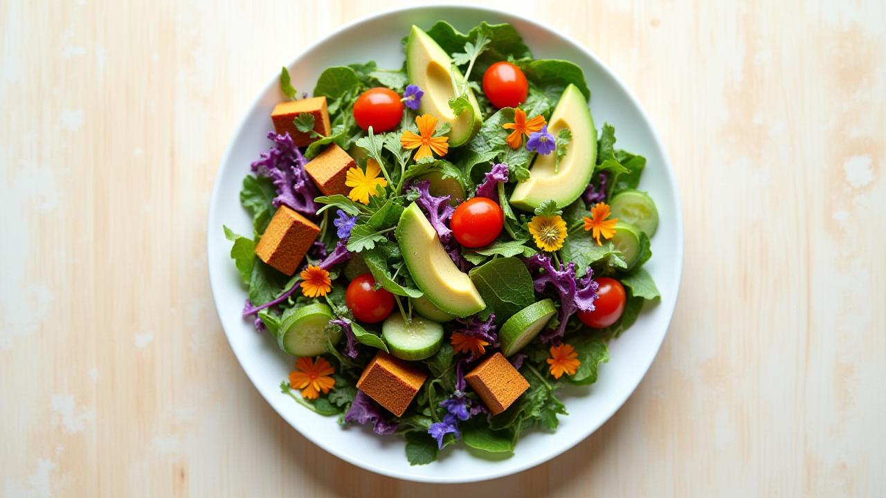 Vibrant, gourmet mixed green salad with colorful vegetables and edible flowers