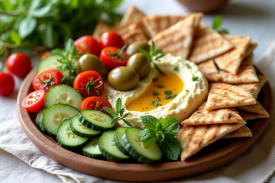Beautifully arranged Mediterranean platter with hummus, olives, fresh vegetables, and grilled halloumi
