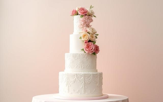 Multi-tiered wedding cake with intricate floral decorations