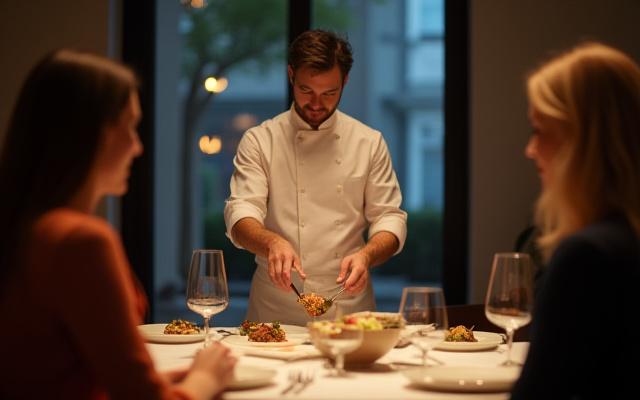 Private chef serving a plated dish to guests at a home dinner party