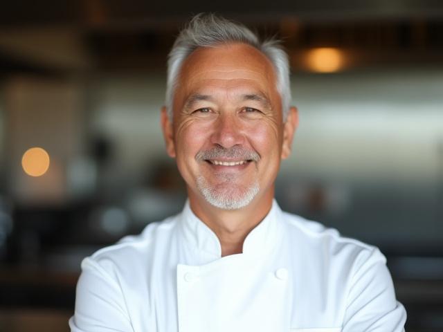 Portrait of Chef Antoine Dubois, specializing in Modern French cuisine, smirking happily with a kitchen environment in the background