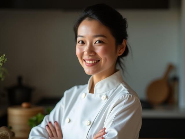 Portrait of Chef Li Wen, specializing in Pan-Asian fusion cuisine, smiling softly in a professional kitchen