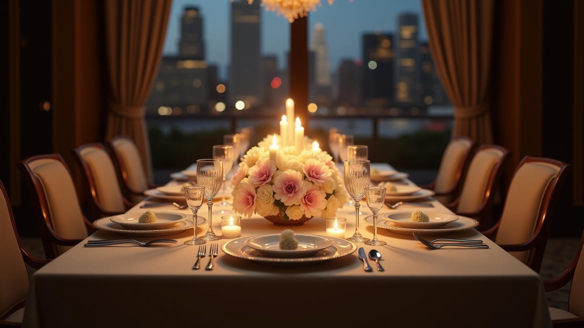 A beautifully set dining table with fine cutlery, crystal glasses, and exquisite floral arrangements, bathed in warm, inviting light. A subtle dark vignette should be applied to allow text to stand out.
