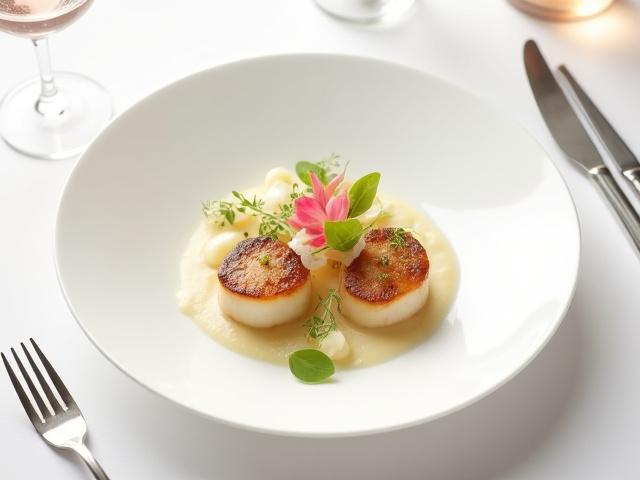 Exquisitely plated European dish, possibly seared scallops, with fine dining presentation