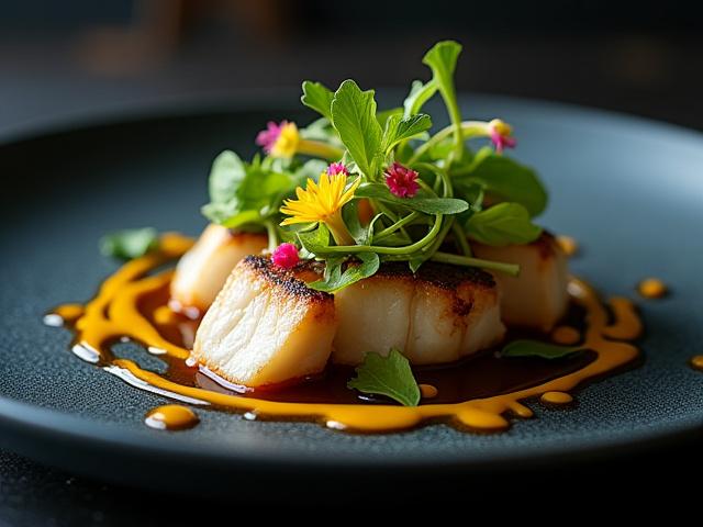 Exquisitely plated Asian dish, possibly Miso Black Cod, with fine dining garnishes